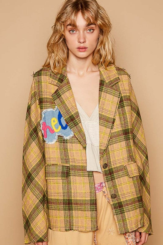 Patch Detail Plaid Print Woven Jacket