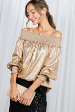 Gold Off The Shoulder Smocking Detail Metallic Top