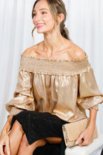 Gold Off The Shoulder Smocking Detail Metallic Top