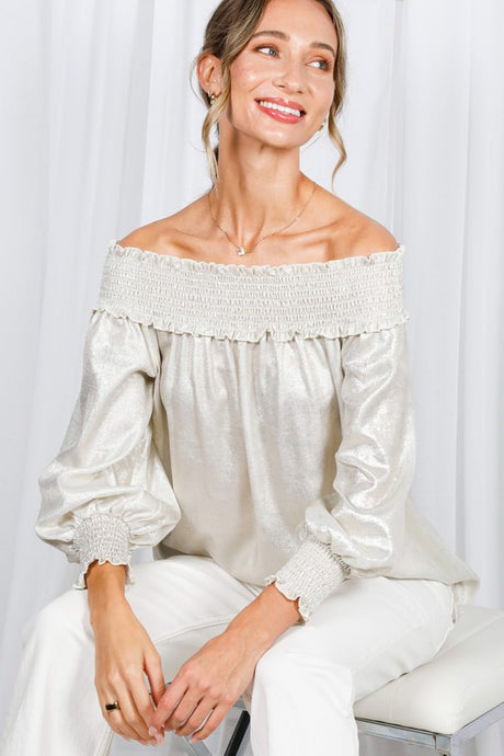 Champagne Off The Shoulder Smocking Detail Metallic Top