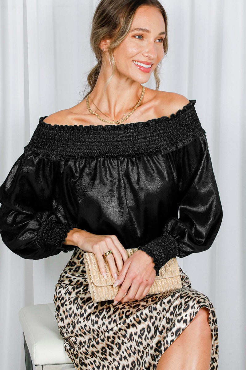 Black Off The Shoulder Smocking Detail Metallic Top