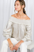 Champagne Off The Shoulder Smocking Detail Metallic Top