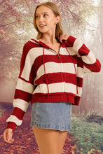 Deep Red/Ivory Zip Up Cable Knit Hoodie