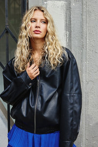 Black Pebble Grain Faux Leather Zip Up Blouson Jacket