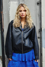 Black Pebble Grain Faux Leather Zip Up Blouson Jacket