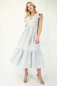 Sage Gingham Print With Floral Embroidery Midi Dress