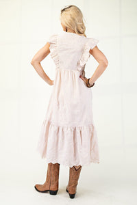 Butter Gingham Print With Floral Embroidery Midi Dress