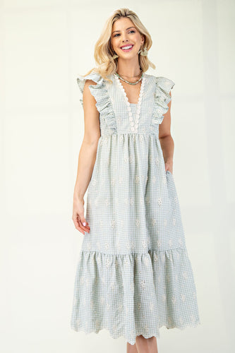 Sage Gingham Print With Floral Embroidery Midi Dress