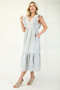 Sage Gingham Print With Floral Embroidery Midi Dress