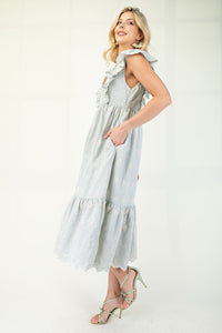 Sage Gingham Print With Floral Embroidery Midi Dress