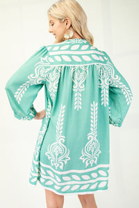 Emerald Printed 3/4 Sleeve Dress With Tassel Tie