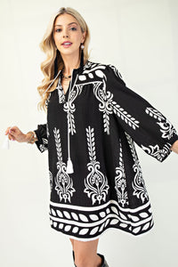 Black Printed 3/4 Sleeve Dress With Tassel Tie