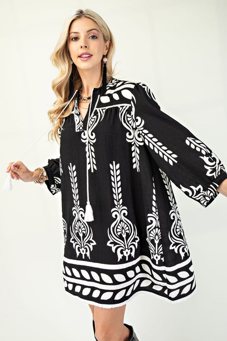 Black Printed 3/4 Sleeve Dress With Tassel Tie