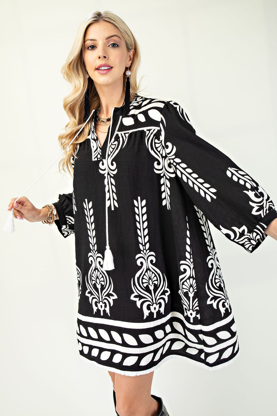 Black Printed 3/4 Sleeve Dress With Tassel Tie