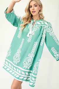 Emerald Printed 3/4 Sleeve Dress With Tassel Tie