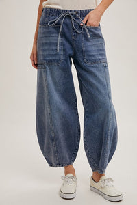 Med.Wash Denim Mid-Waist Drawstrings Barrel Jeans