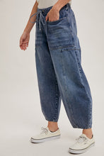 Med.Wash Denim Mid-Waist Drawstrings Barrel Jeans