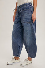 Med.Wash Denim Mid-Waist Drawstrings Barrel Jeans
