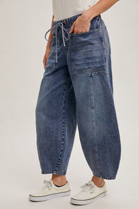 Med.Wash Denim Mid-Waist Drawstrings Barrel Jeans