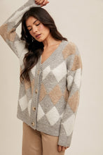 Grey Diamond Pattern Button Down Sweater Cardigan