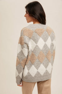 Grey Diamond Pattern Button Down Sweater Cardigan