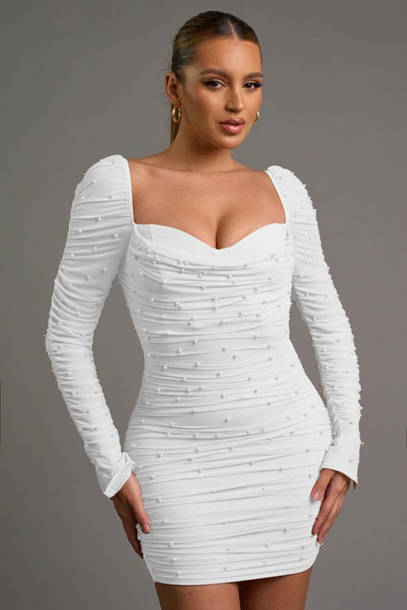 White Luxe Pearl Mesh Sweetheart Long Sleeves Mini Dress