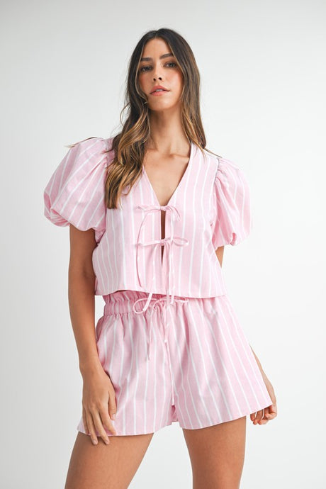 Candy Pink Stripe Bow Tied Blouse And Shorts Set