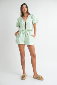 Apple Green Stripe Bow Tied Blouse And Shorts Set