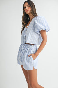 Blue Stripe Bow Tied Blouse And Shorts Set
