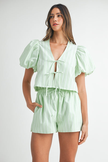 Apple Green Stripe Bow Tied Blouse And Shorts Set