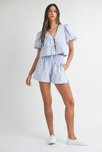 Blue Stripe Bow Tied Blouse And Shorts Set