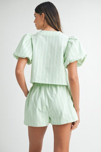 Apple Green Stripe Bow Tied Blouse And Shorts Set