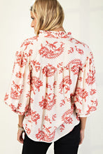 Raspberry Botton Down Blouse With 3/4 Length Balloon Sleeves