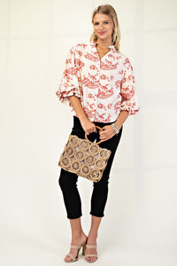 Raspberry Botton Down Blouse With 3/4 Length Balloon Sleeves