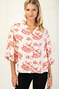 Raspberry Botton Down Blouse With 3/4 Length Balloon Sleeves