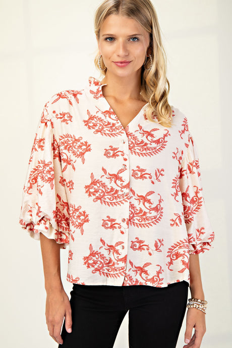 Raspberry Botton Down Blouse With 3/4 Length Balloon Sleeves