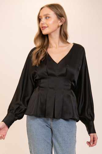 Black Shiny Blouse With Fabric Belt