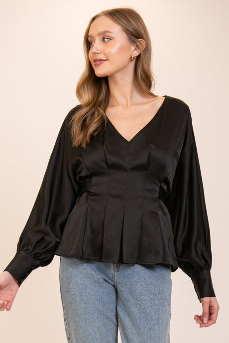 Black Shiny Blouse With Fabric Belt