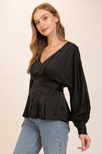 Black Shiny Blouse With Fabric Belt