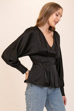 Black Shiny Blouse With Fabric Belt