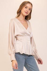 Champagne Shiny Blouse With Fabric Belt
