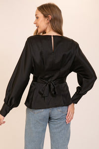 Black Shiny Blouse With Fabric Belt