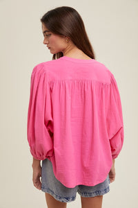 Hibiscus Cotton Button-Up Peasant Blouse