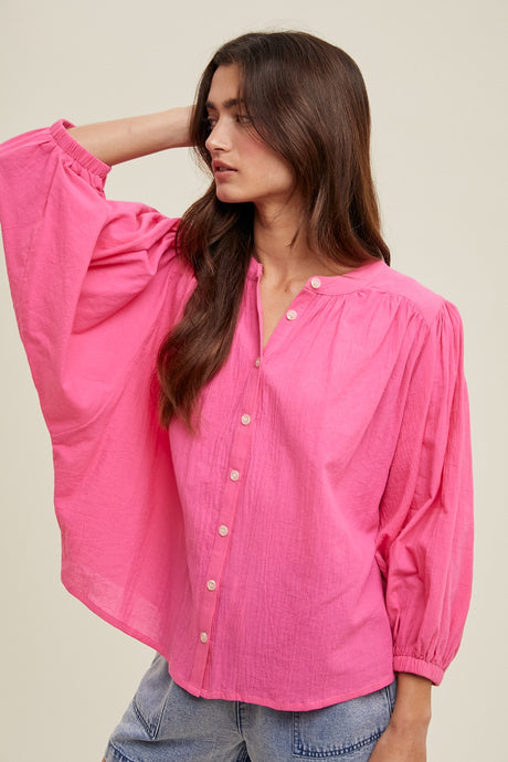 Hibiscus Cotton Button-Up Peasant Blouse