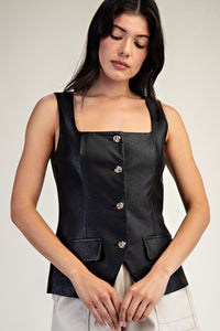 Black Faux Leather Squared Neckline Tailored Top