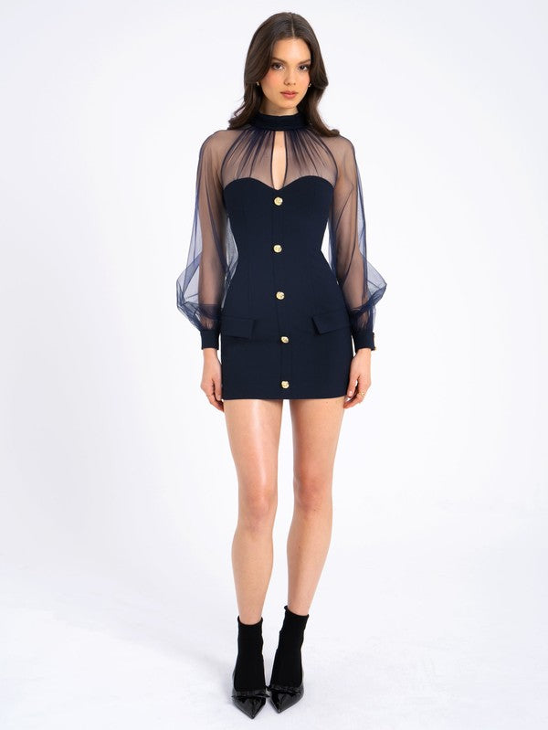 mesh lantern sleeve dress Tabitha Navy Blue Mesh Lantern Sleeve Mini Dress – Aquarius Brand