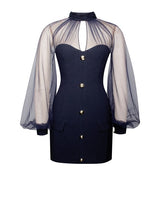 Tabitha Navy Blue Mesh Lantern Sleeve Mini Dress