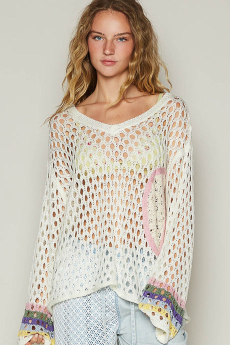 Ivory V-Neck Long Sleeve Crochet Peace Thin Sweater Top