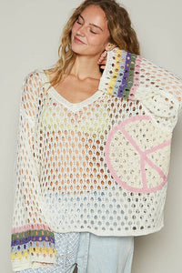Ivory V-Neck Long Sleeve Crochet Peace Thin Sweater Top