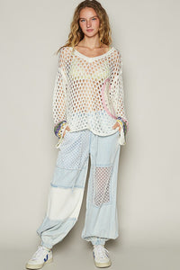 Ivory V-Neck Long Sleeve Crochet Peace Thin Sweater Top
